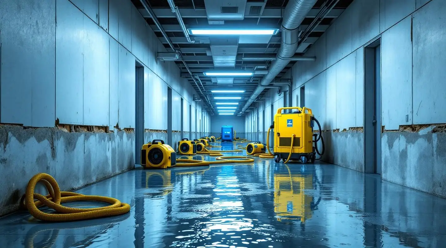 Restoration technicians deploying industrial dehumidifiers in a San Diego commercial facility after a pipe burst.
