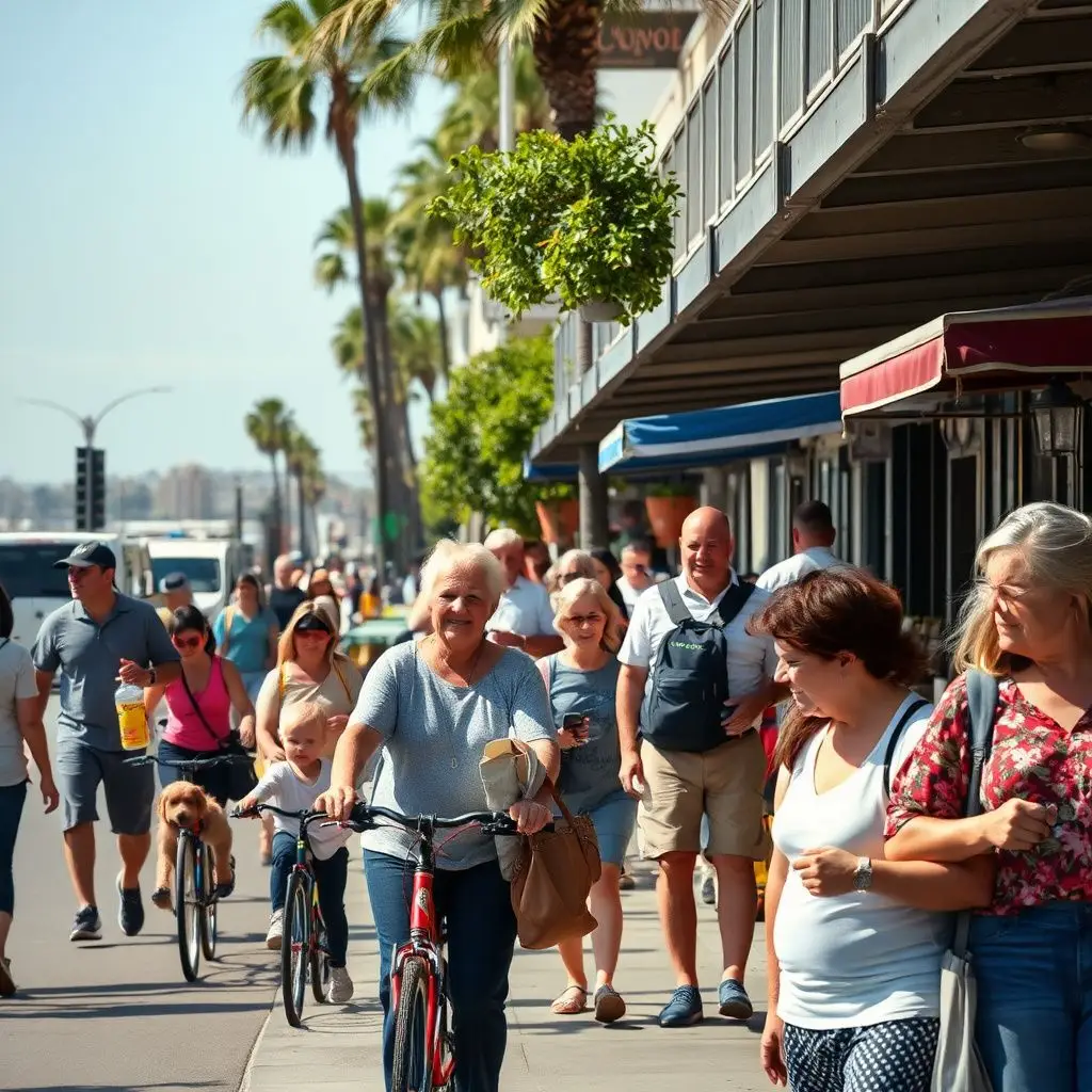 A scenic view of Orange Avenue's historic storefronts and manicured medians under a clear coastal sky in Coronado.
