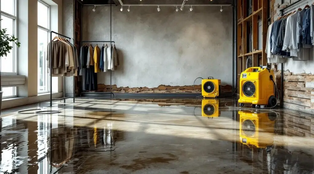 Commercial water extraction team using industrial vacuums on a flooded retail showroom floor in San Diego.