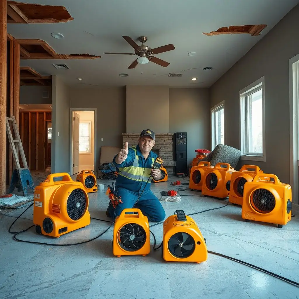A professional drying setup in a Chula Vista living room, featuring industrial dehumidifiers and air movers positioned for optimal airflow.