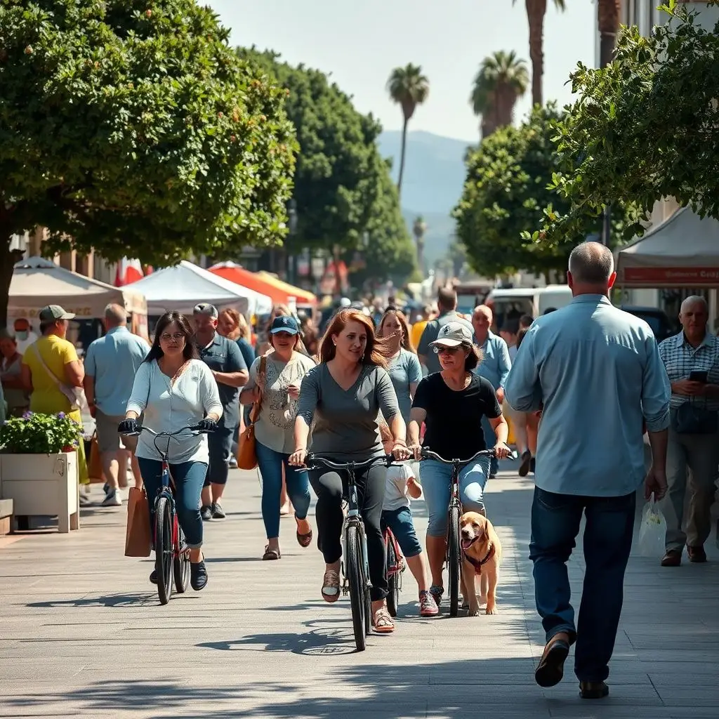 A scenic view of the historic La Mesa Village with its characteristic architecture and palm-lined streets during a clear afternoon.