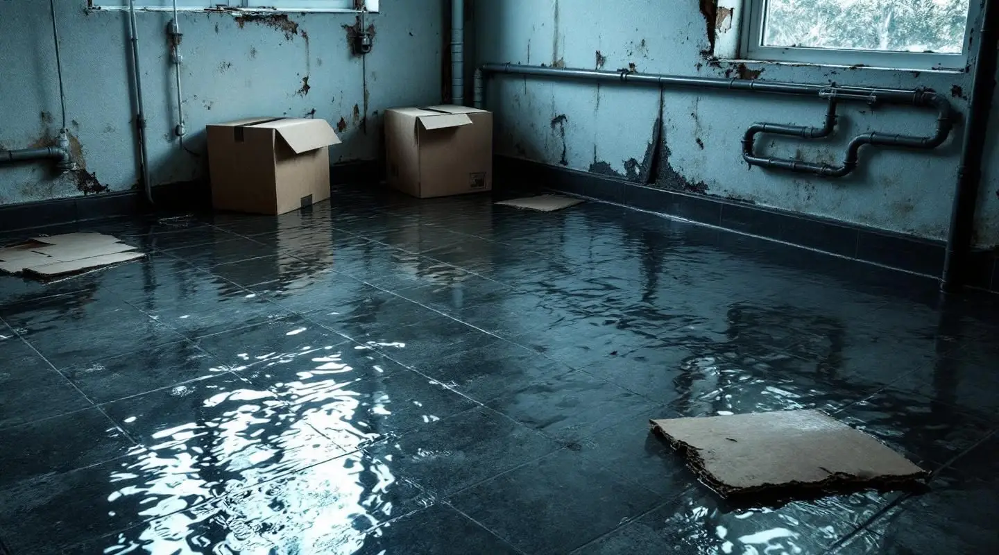 Professional water restoration technician using a submersible pump in a flooded San Diego basement during a storm.