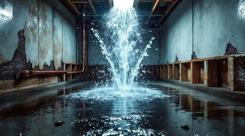 A professional restoration technician extracting water from a flooded San Diego living room caused by a burst pipe.