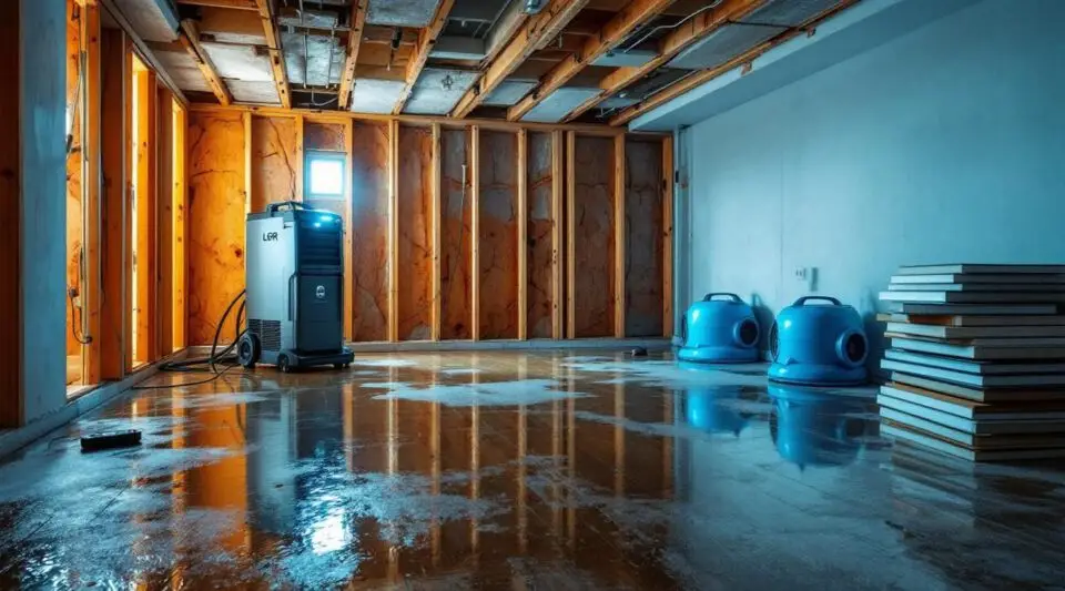 A restoration technician in safety gear using a professional floor dryer in a San Diego home for residential flood restoration.