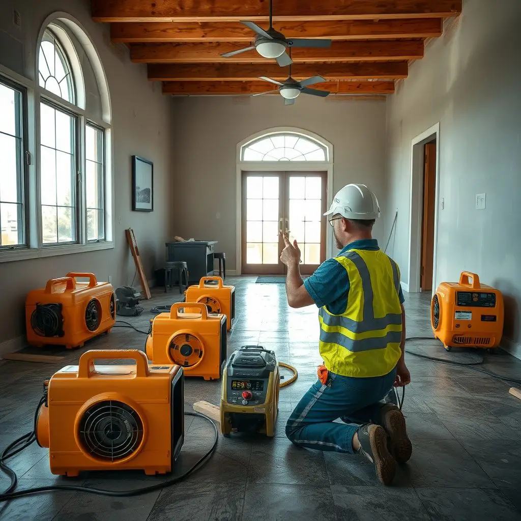 Specialized drying equipment and air movers strategically placed in a residential hallway to dry moisture trapped in a slab foundation.