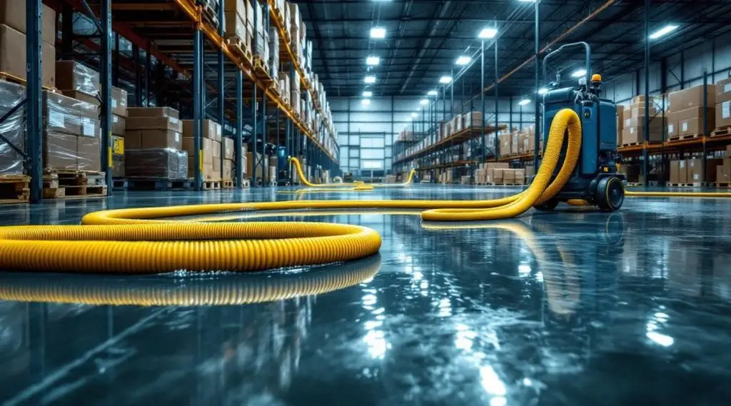 Industrial water extraction technicians using high-capacity pumps and truck-mounted vacuums in a large San Diego warehouse.