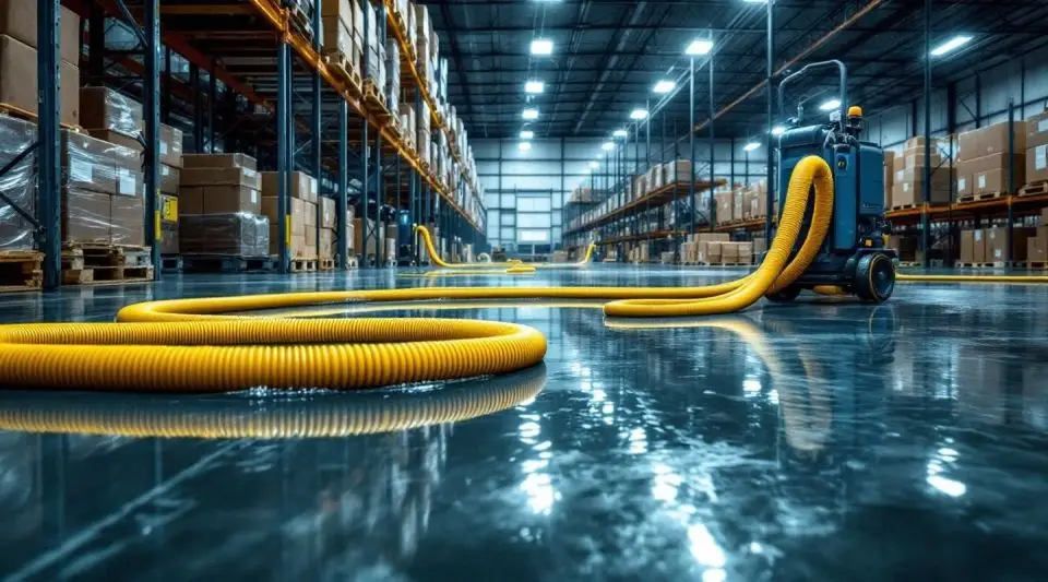 Industrial water extraction technicians using high-capacity pumps and truck-mounted vacuums in a large San Diego warehouse.