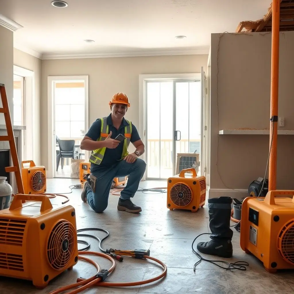 A restoration professional setting up high-capacity dehumidifiers in a Solana Beach living room.