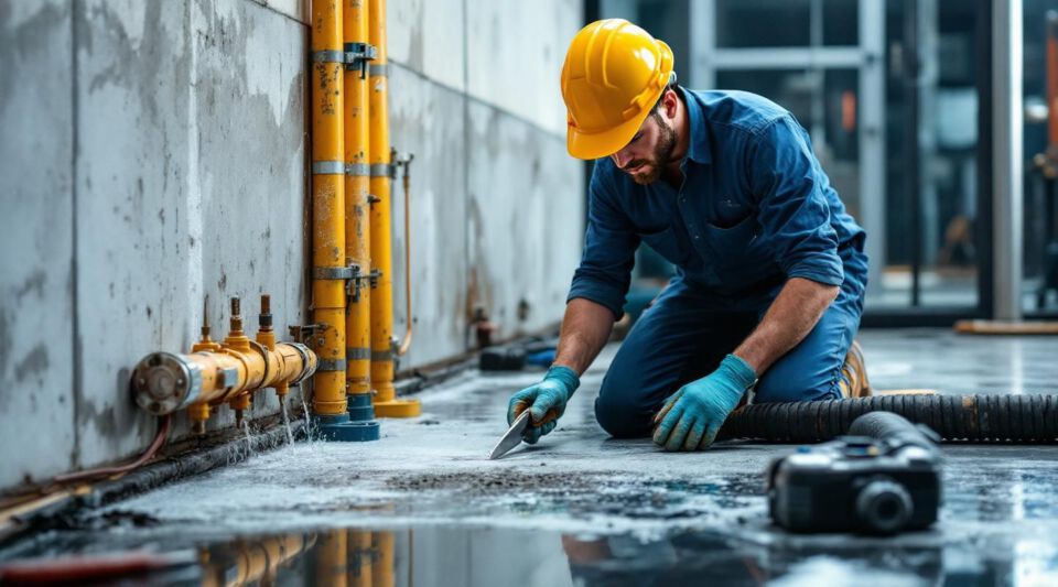 Restoration technicians using industrial water extractors in a high-end San Diego hotel lobby with commercial drying equipment.