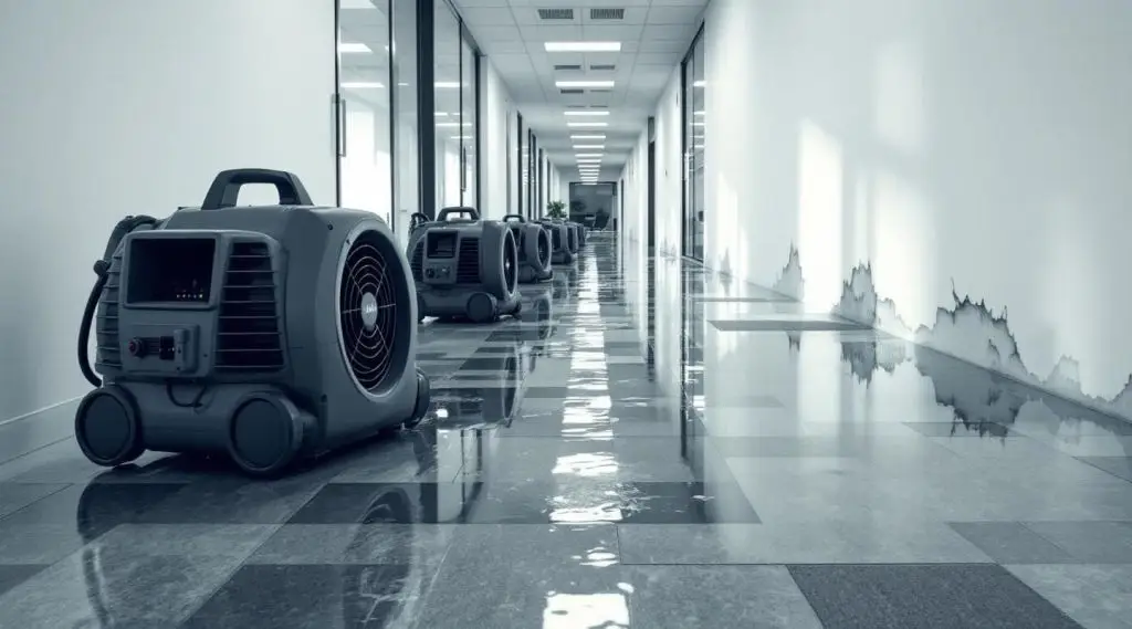 Professional restoration crew using industrial water extractors in a flooded San Diego office lobby with cinematic lighting.