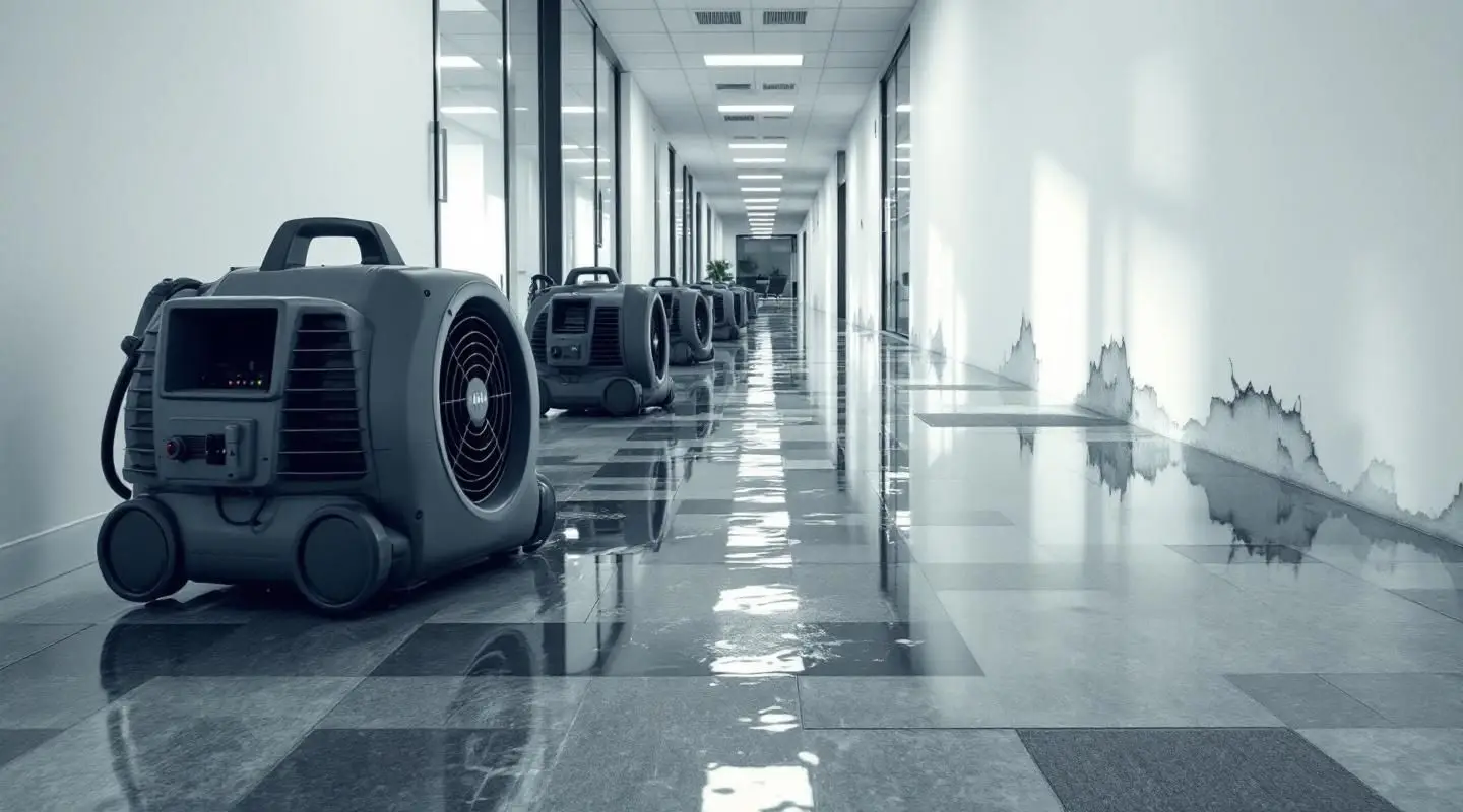 Professional restoration crew using industrial water extractors in a flooded San Diego office lobby with cinematic lighting.
