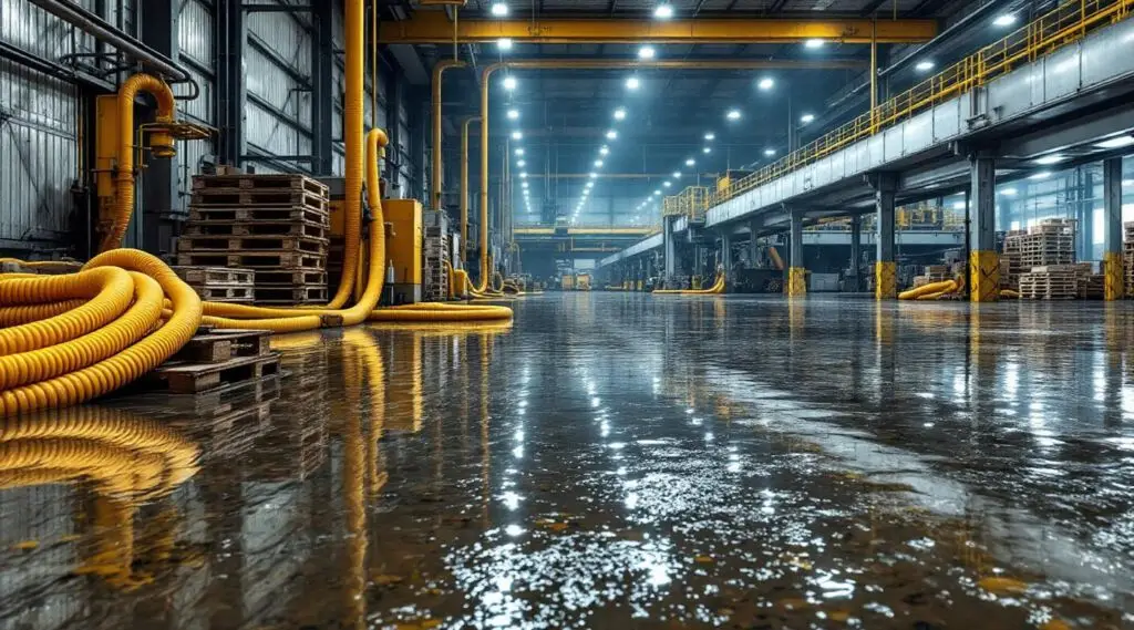 Professional restoration crew operating high-capacity water extraction pumps in a large San Diego industrial warehouse.