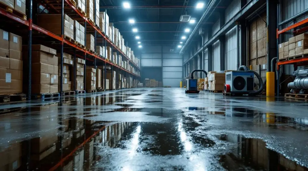 Professional technicians operating industrial-grade water extraction equipment inside a large San Diego warehouse facility.