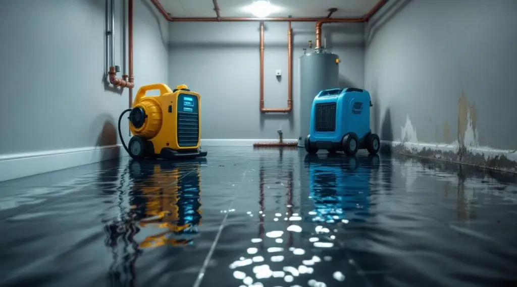 A professional restoration technician in safety gear using a high-capacity water extractor on a saturated residential carpet in a San Diego home.