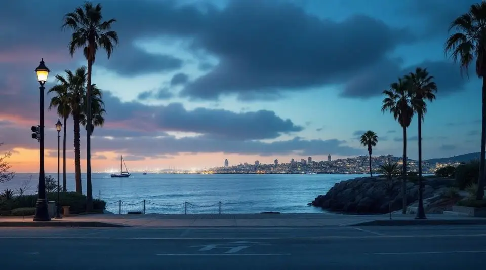 A professional restoration team staged near a luxury coastal home with views of the San Diego-Coronado Bridge.