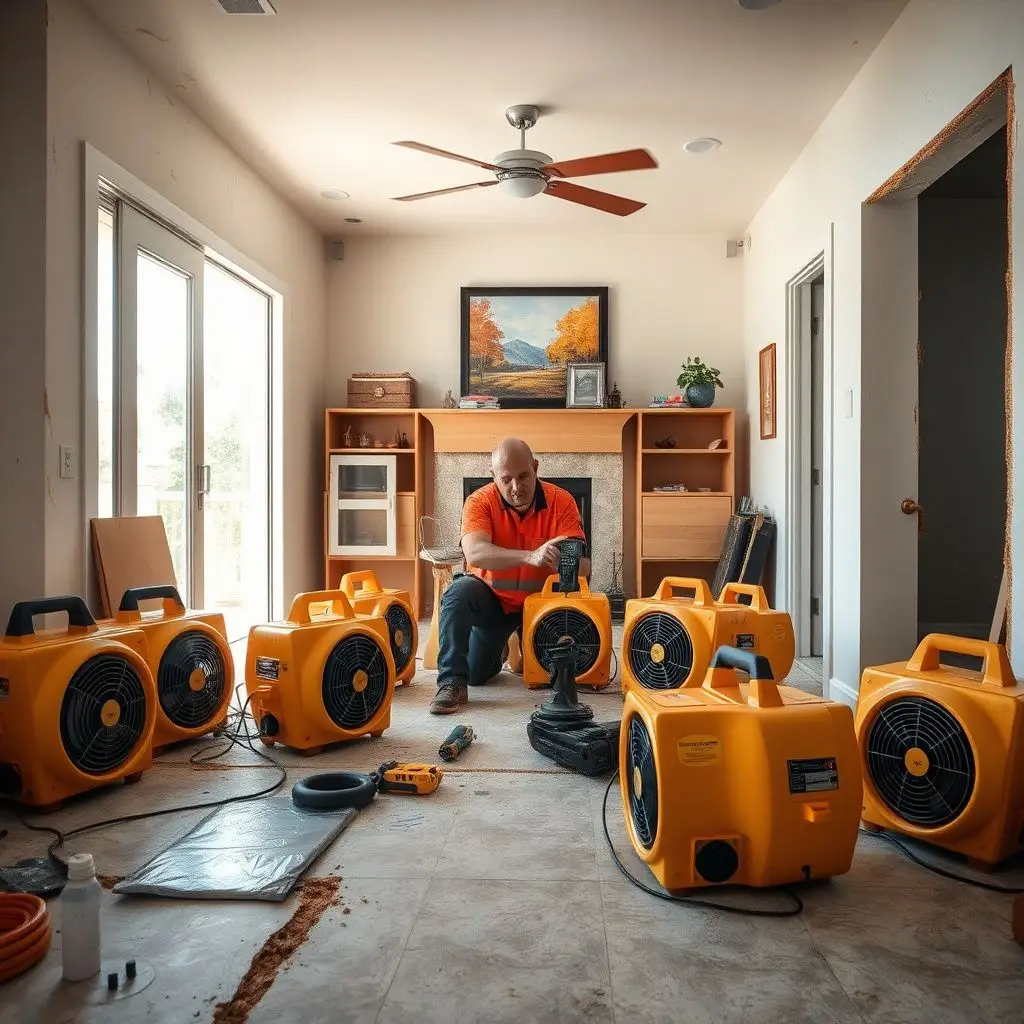 A professional air mover and dehumidifier setup in a Lakeside living room, showing the careful protection of hardwood floors.