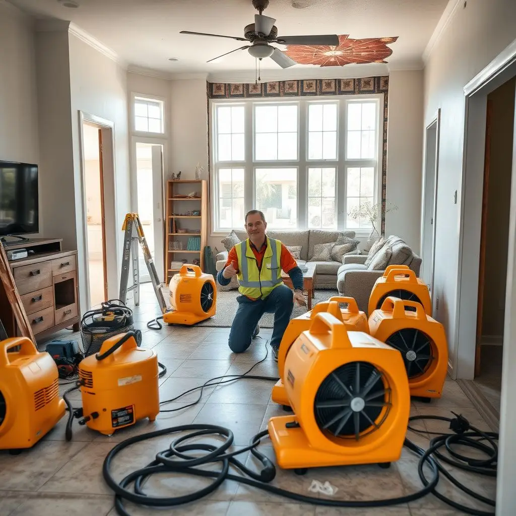 A high-capacity dehumidifier and air movers staged in a crawl space of a Coronado Village home to prevent mold growth.
